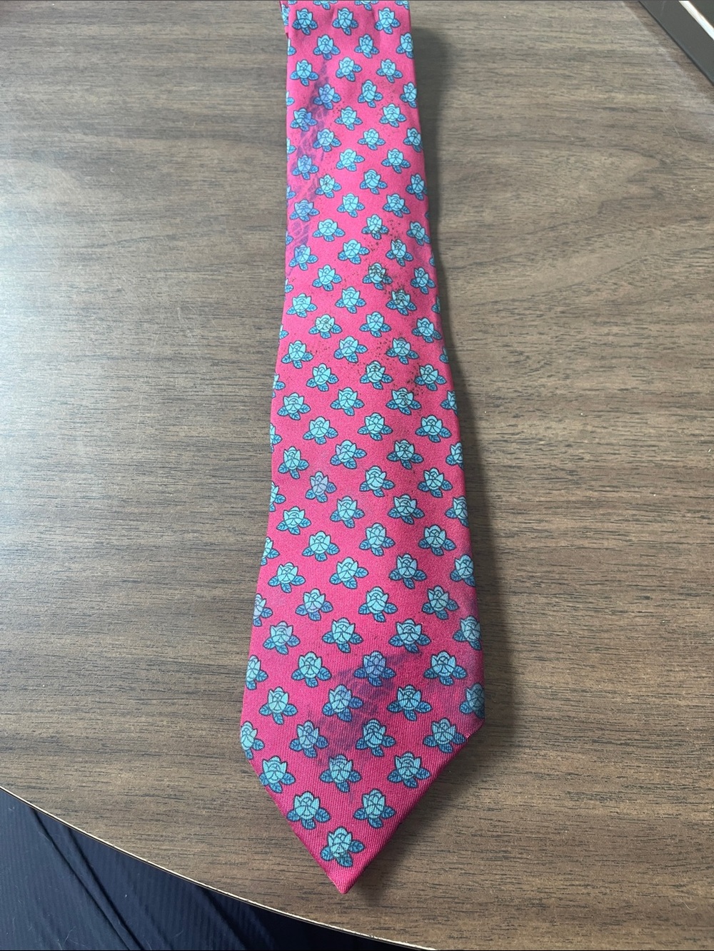 Hermes Pink Silk Tie with Blue Floral Motif